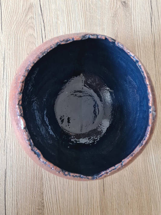 Vaso testurizzato fatto a mano, vaso rotondo,vaso in ceramica marrone,smalto blu,arredamento