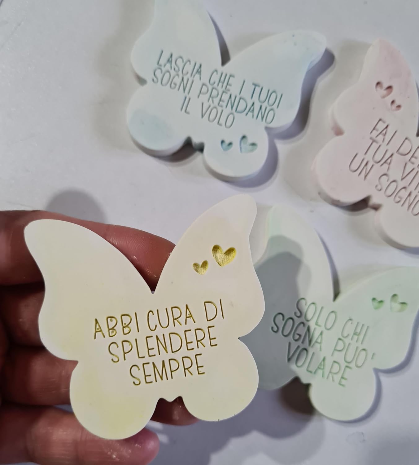 10 pezzi Gessetti profumati farfalle frasi miste 6x6 cm ,segnaposto compleanno, battesimo,matrimonio