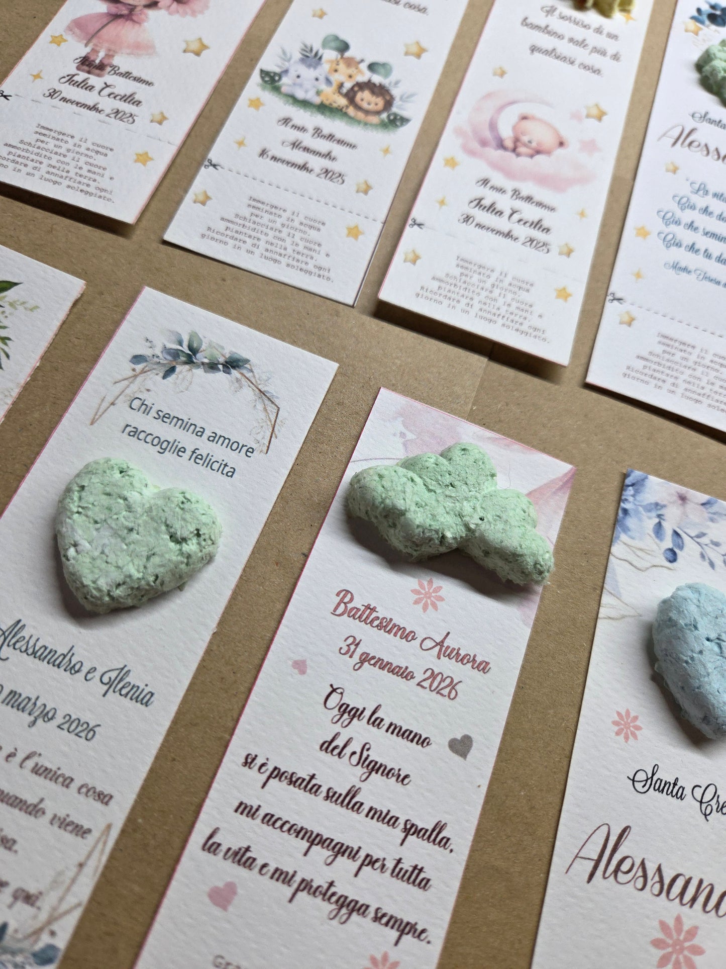 1  Segnaposto /Segnalibro  carta ecologica/cuore con semi,quadrifoglio,stella,nuvoletta,personalizzate  con semi di fiori ,piantabile ,carta