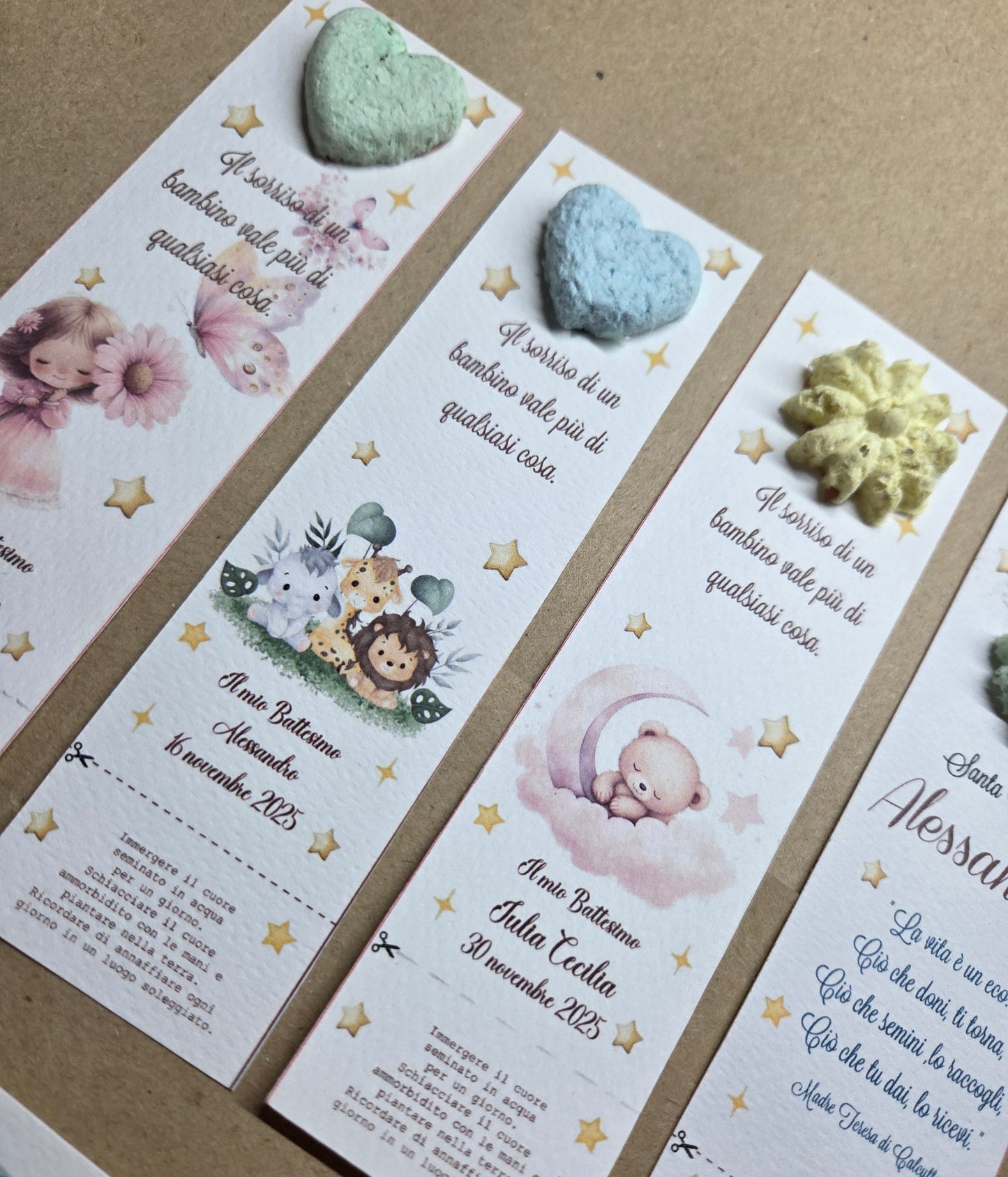 1  Segnaposto /Segnalibro  carta ecologica/cuore con semi,quadrifoglio,stella,nuvoletta,personalizzate  con semi di fiori ,piantabile ,carta