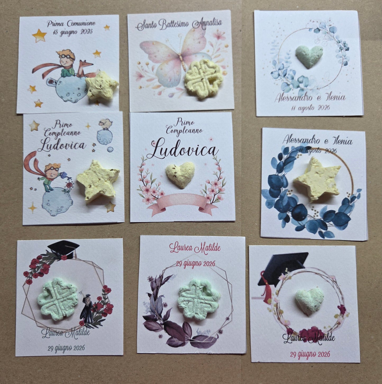 1  Segnaposto /bomboniera ecologica/cuore con semi,quadrifoglio,stella,nuvoletta,personalizzate con semi di fiori ,piantabile ,segnaposto in carta