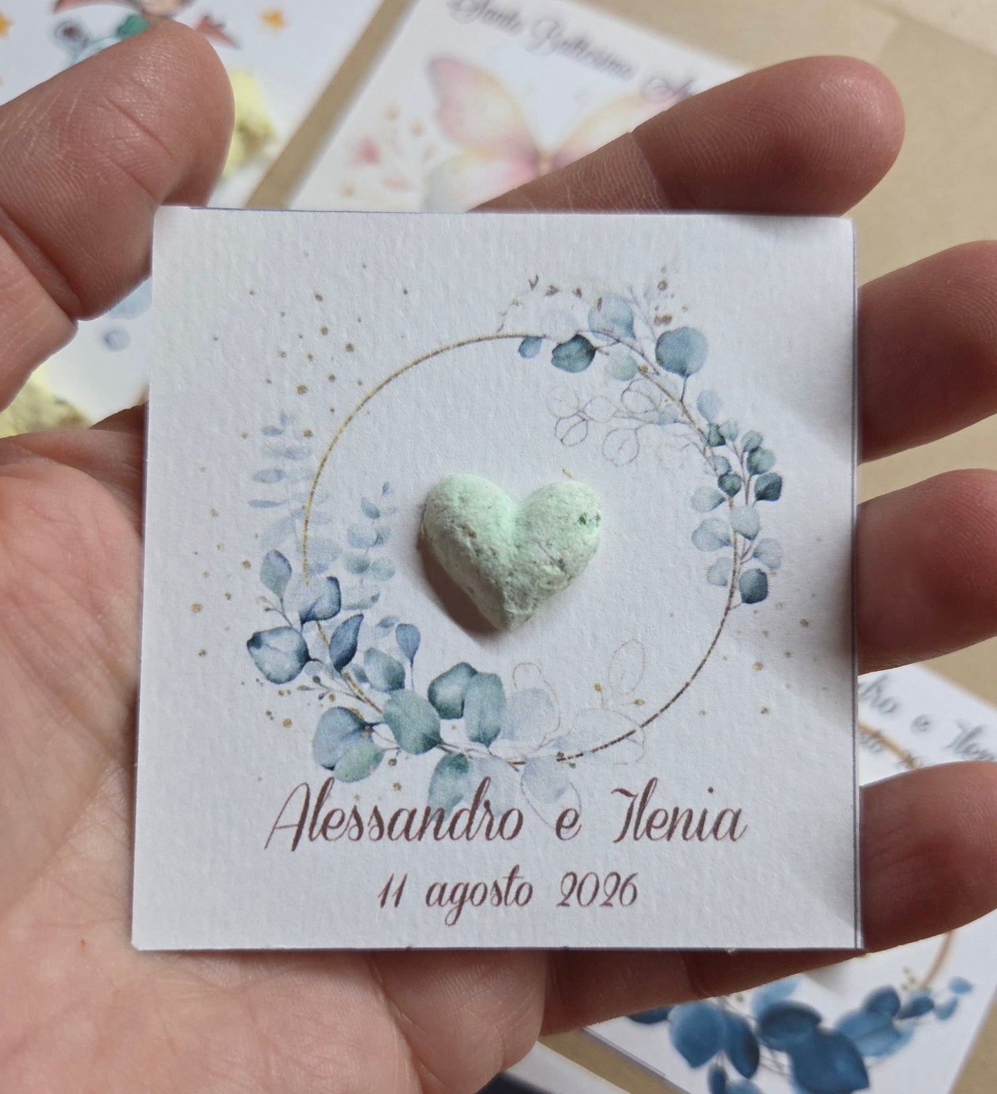 1  Segnaposto /bomboniera ecologica/cuore con semi,quadrifoglio,stella,nuvoletta,personalizzate con semi di fiori ,piantabile ,segnaposto in carta