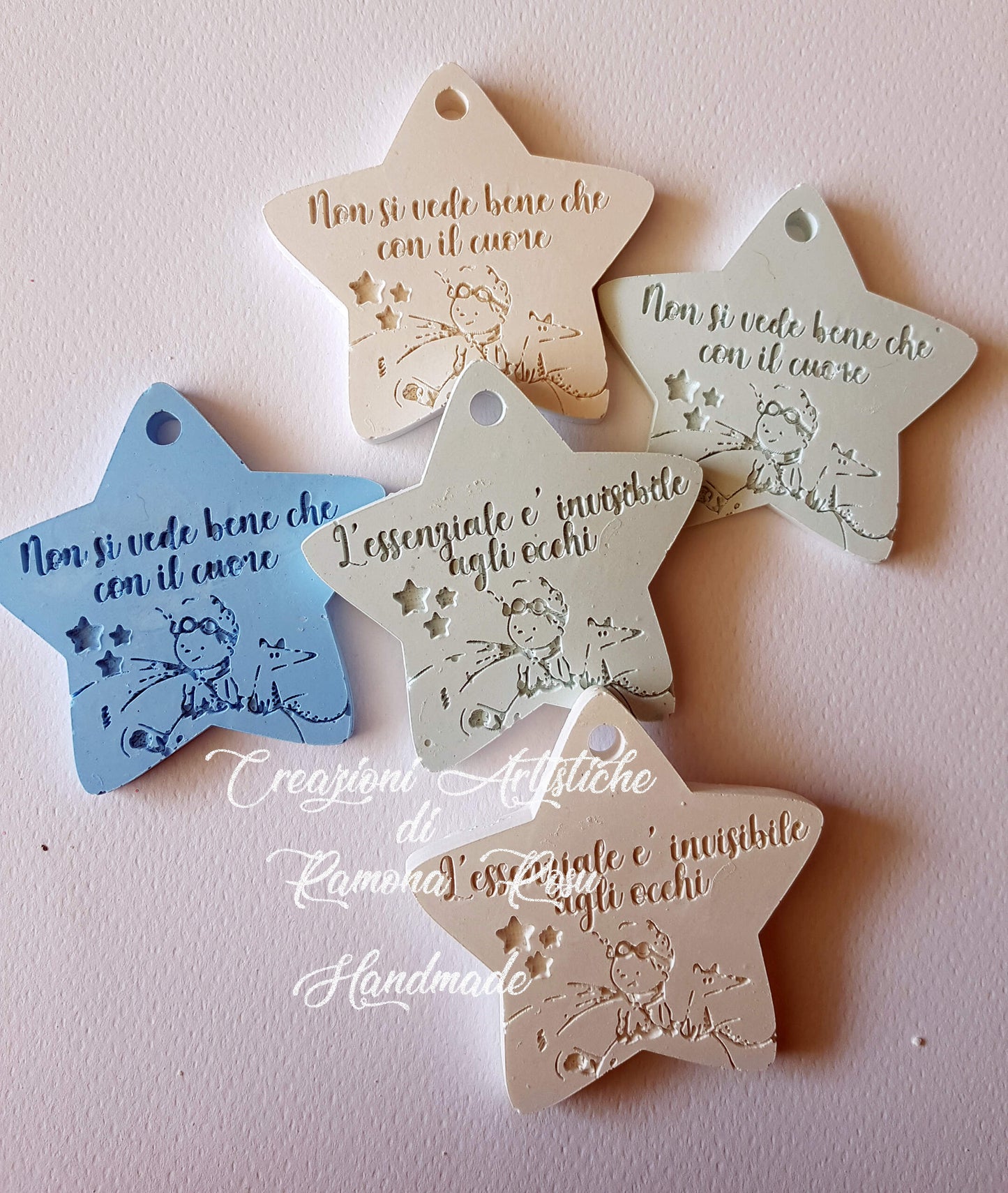 10 stelle gessetti profumati Piccolo principe frasi miste, stelle segnaposto 6x6 cm