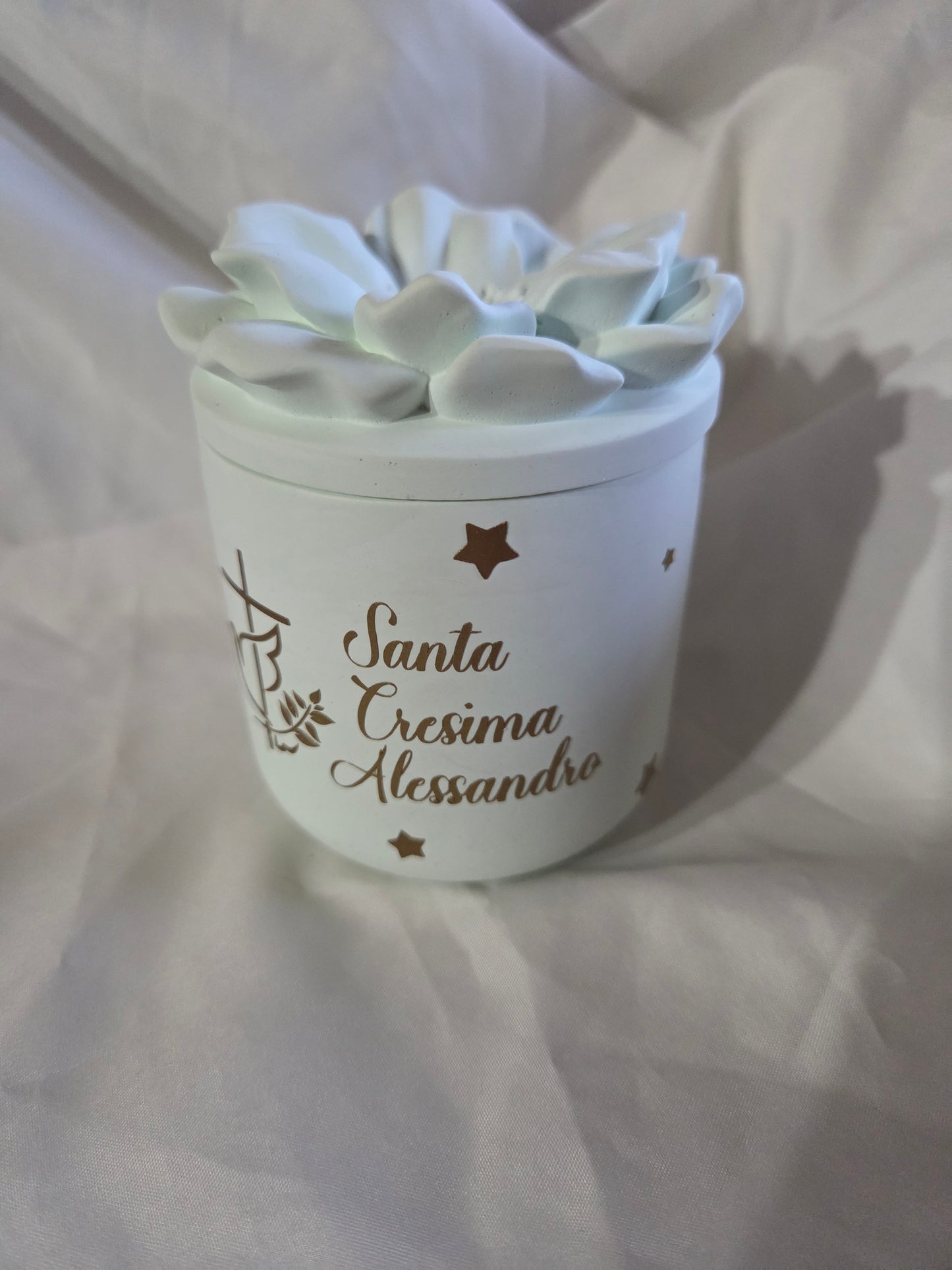 1 Bomboniera/ contenitore  /7x7,5 cm  candela di soia  per  cresima, prima comunione ,matrimonio,battesimo