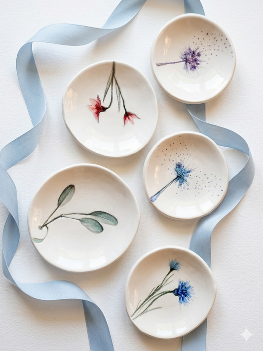 Bomboniere Piattini ,ceramiche artistiche personalizzabili ,fatti a mano con fiori e foglie impresse,SU ORDINAZIONE